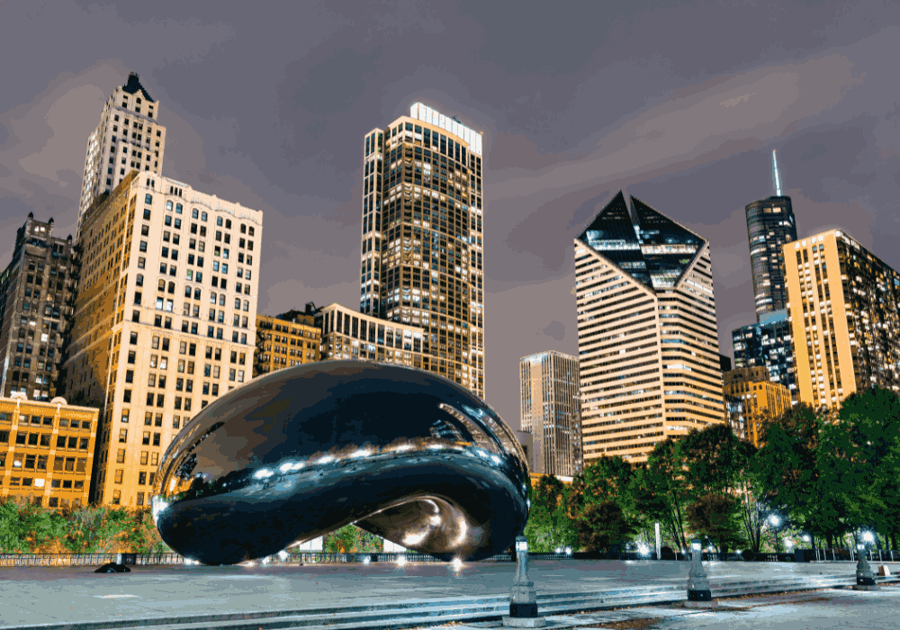 Chicago walking tour through downtown streets and famous landmarks in United States
