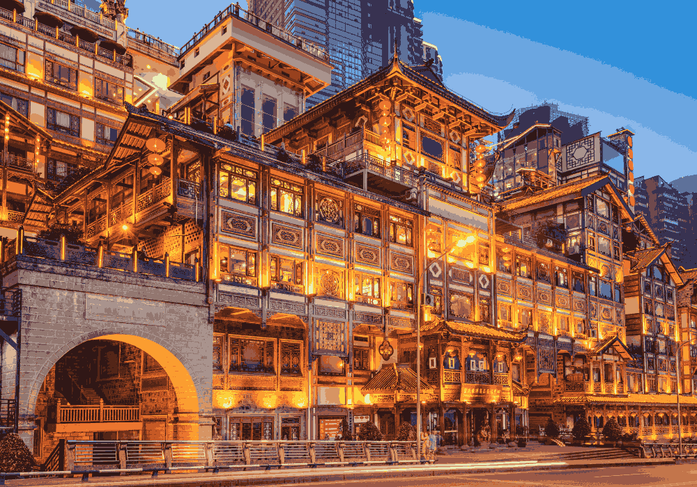 Chongqing night walking tour through illuminated streets and skyline in China