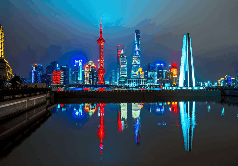 Shanghai night walking tour through illuminated skyline and waterfront in China