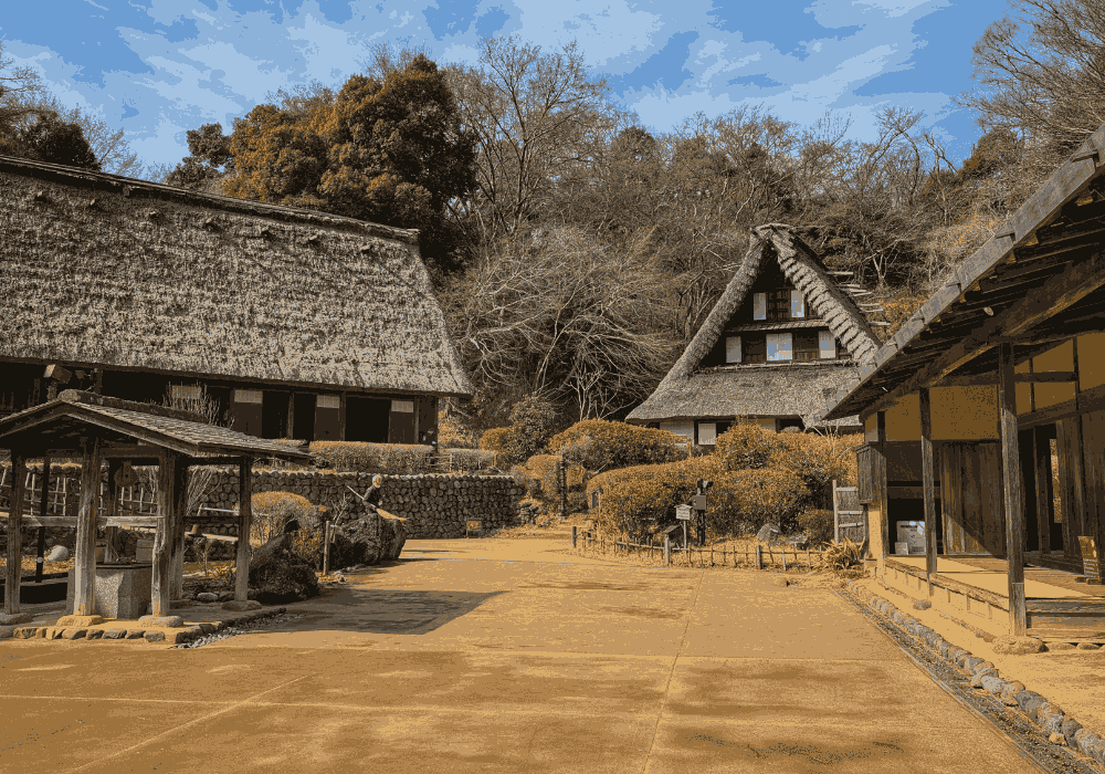 Japanese Village walking tour through traditional countryside homes and rural landscapes in Japan